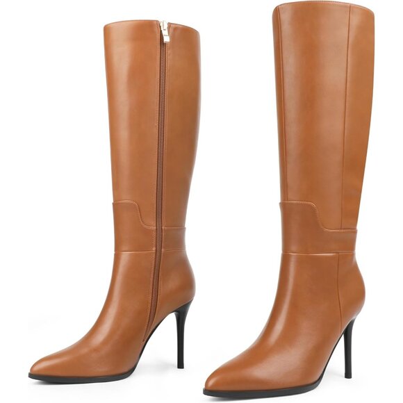 Women's Brown Stiletto Knee High Closed Toe Long Boots Side Zipper Dress Boots - Picture 1 of 9